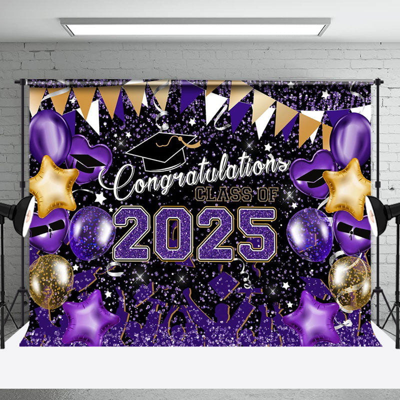 Aperturee - Purple Glitter Balloons Congrats 2025 Grad Backdrop