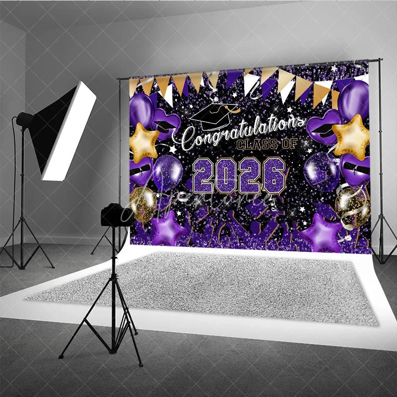 Aperturee - Purple Glitter Balloons Congrats 2026 Grad Backdrop