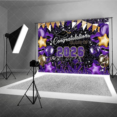 Aperturee - Purple Glitter Balloons Congrats 2026 Grad Backdrop