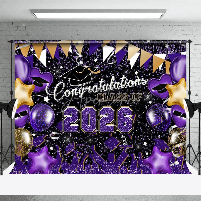 Aperturee - Purple Glitter Balloons Congrats 2026 Grad Backdrop