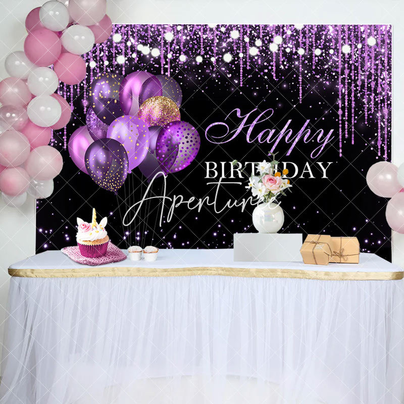 Aperturee - Purple Pendant Balloon Glitter Black Birthday Backdrop