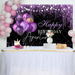 Aperturee - Purple Pendant Balloon Glitter Black Birthday Backdrop