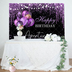 Aperturee - Purple Pendant Balloon Glitter Black Birthday Backdrop
