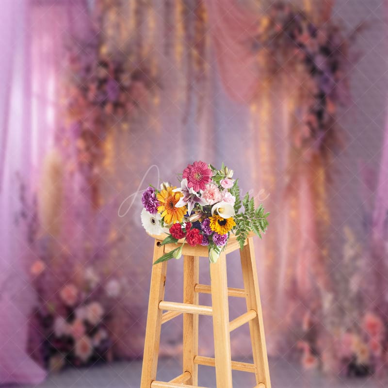 Aperturee - Purple Pink Curtain Dim Light Floral Photo Backdrop