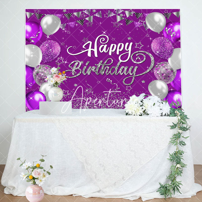 Aperturee - Purple Silver Balloons Sparkle Birthday Backdrop