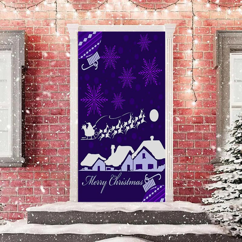 Aperturee - Purple Snowflake Snowy House Christmas Door Cover