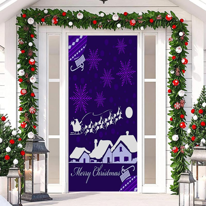 Aperturee - Purple Snowflake Snowy House Christmas Door Cover