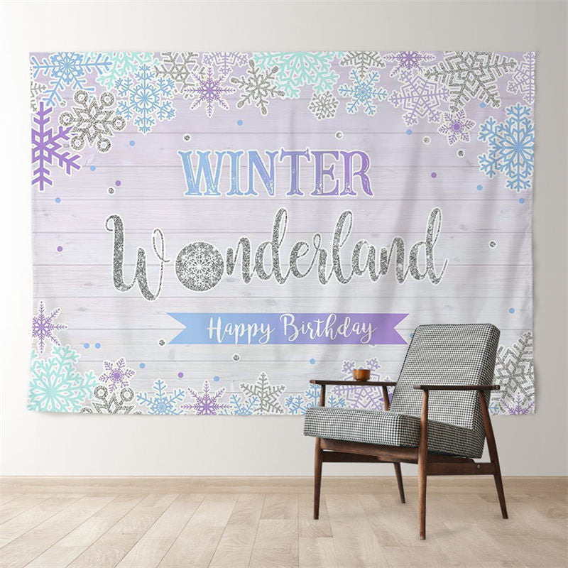 Aperturee - Purple Snowflake Winter Wood 1st Birthday Backdrop