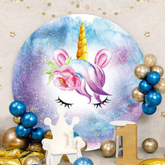 Aperturee - Purple With Blue Unicorn Round Birthday Backdrop