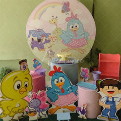 Aperturee - Rainbow And Farm House Animals Round Birthday Backdrop