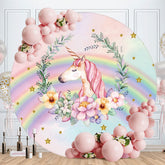 Aperturee - Rainbow And Pink Floral Unicorn Round Birthday Backdrop