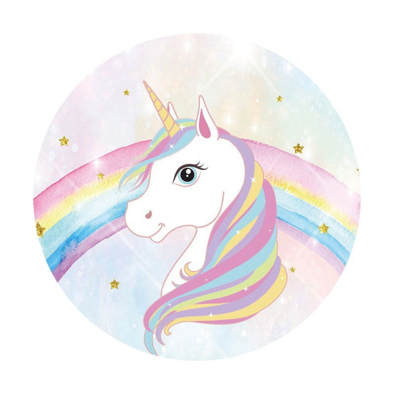 Aperturee - Rainbow And Unicorn Pink Round Girls Birthday Backdrop