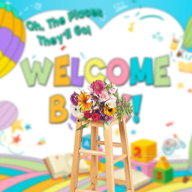 Aperturee - Rainbow Fire Balloon Welcome Back To School Backdrop