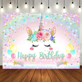 Aperturee - Rainbow Floral Unicorn Sparkle Birthday Backdrop