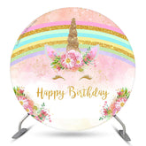 Aperturee Rainbow Pink Unicorn Round Happy Birthday Backdrop