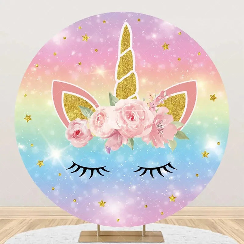 Aperturee - Rainbow Unicorn Pink Floral Round Birthday Backdrop
