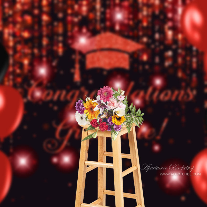 Aperturee - Red Balloon Sparkling Bokeh Grad Photo Booth Backdrop
