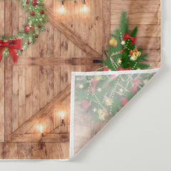 Aperturee - Red Balls Wreath Wood Door Christmas Tree Backdrop