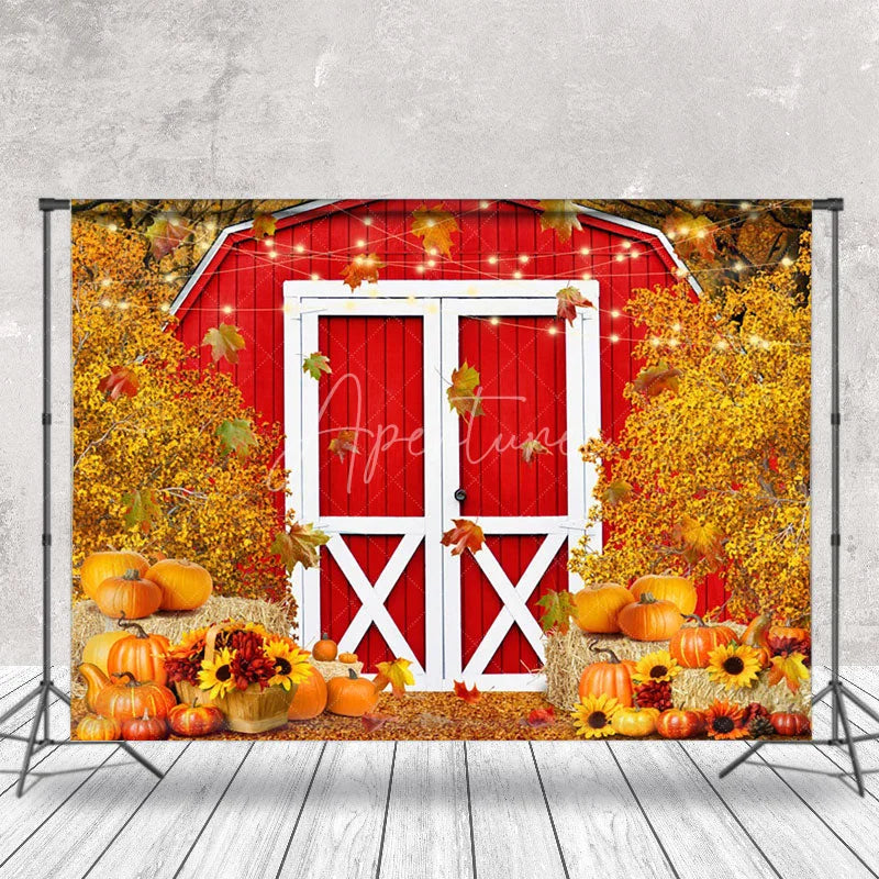 Aperturee - Red Barn Door Pumpkins Fall Photography Backdrop