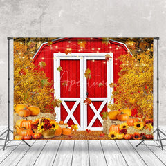 Aperturee - Red Barn Door Pumpkins Fall Photography Backdrop