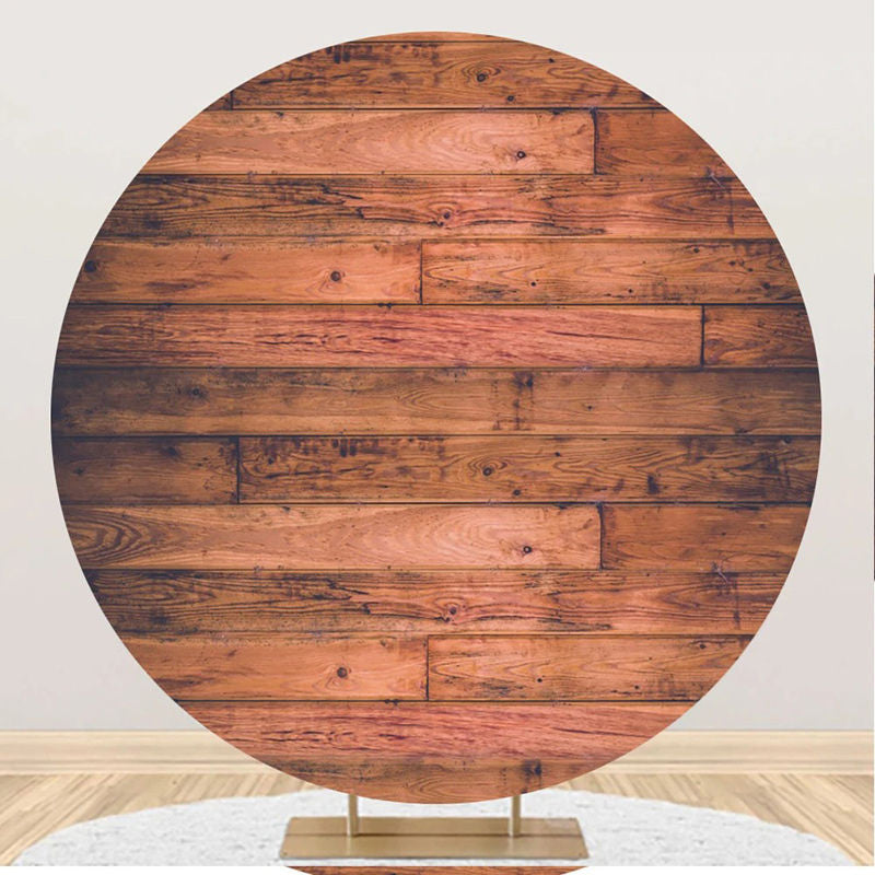 Aperturee - Red Brown Rural Wood Plank Round Birthday Backdrop