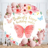 Aperturee - Red Butterfly And Floral Round Birthday Party Backdrop