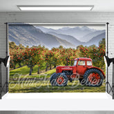 Aperturee - Red Car Apple Orchard Mountain Spring Photo Backdrop