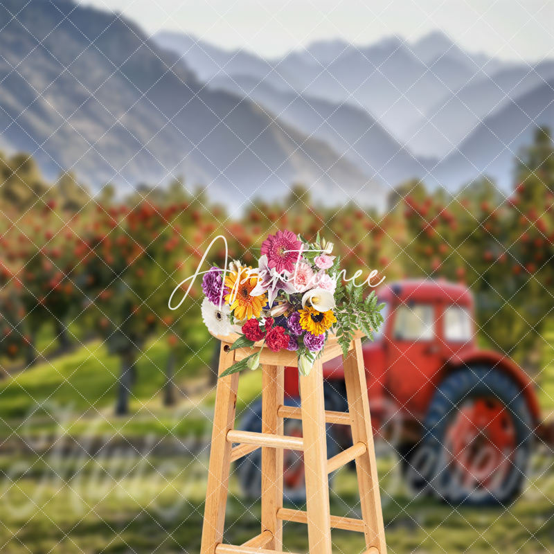 Aperturee - Red Car Apple Orchard Mountain Spring Photo Backdrop