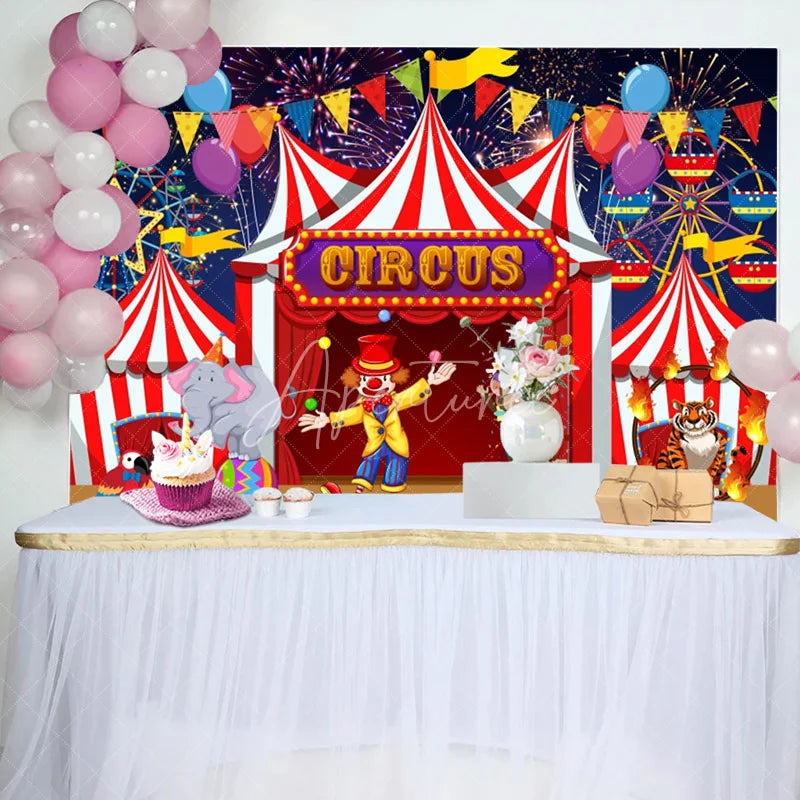 Aperturee - Red Circus Clowns Animals Balloon Birthday Backdrop