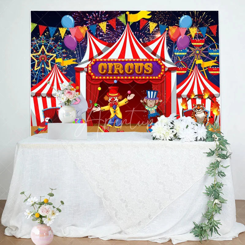 Aperturee - Red Circus Clowns Animals Balloon Birthday Backdrop