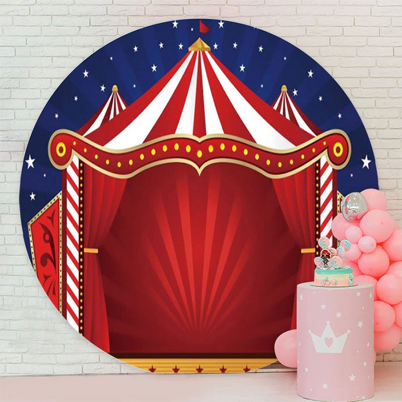 Aperturee - Red Curtain And Blue Sky Round Birthday Party Backdrop