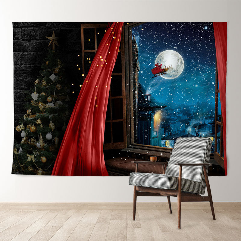 Aperturee - Red Curtain Santa Sled Moon Eve Christmas Backdrop