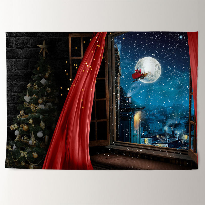 Aperturee - Red Curtain Santa Sled Moon Eve Christmas Backdrop