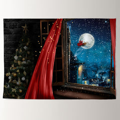 Aperturee - Red Curtain Santa Sled Moon Eve Christmas Backdrop