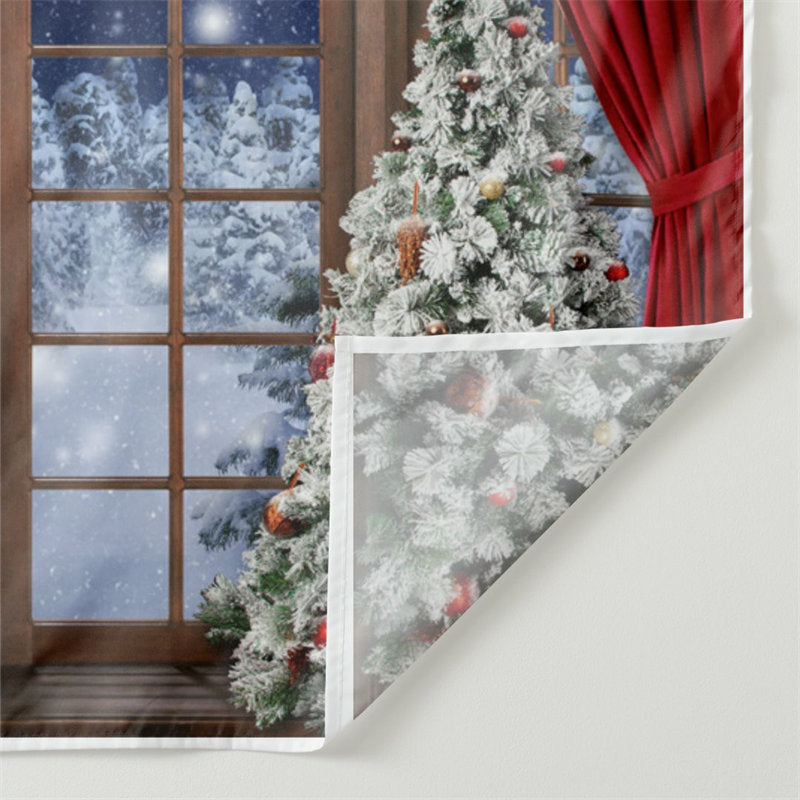 Aperturee - Red Curtain Snowy Tree Window Christmas Backdrop
