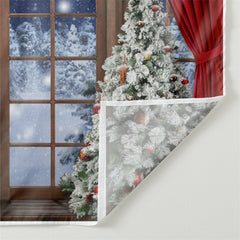 Aperturee - Red Curtain Snowy Tree Window Christmas Backdrop