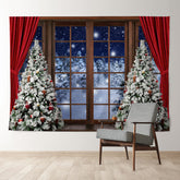 Aperturee - Red Curtain Snowy Tree Window Christmas Backdrop