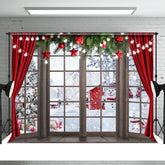 Aperturee - Red Curtain Window Snowman Christmas Tree Backdrop