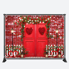 Aperturee - Red Door Brick Wall Flowers Valentines Day Backdrop