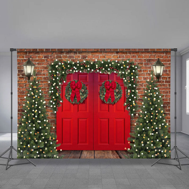 Aperturee - Red Door Tree Wreath Brick Wall Christmas Backdrop