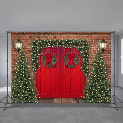 Aperturee - Red Door Tree Wreath Brick Wall Christmas Backdrop