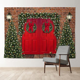 Aperturee - Red Door Tree Wreath Brick Wall Christmas Backdrop