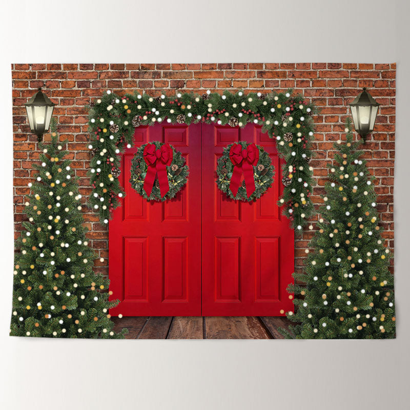 Aperturee - Red Door Tree Wreath Brick Wall Christmas Backdrop