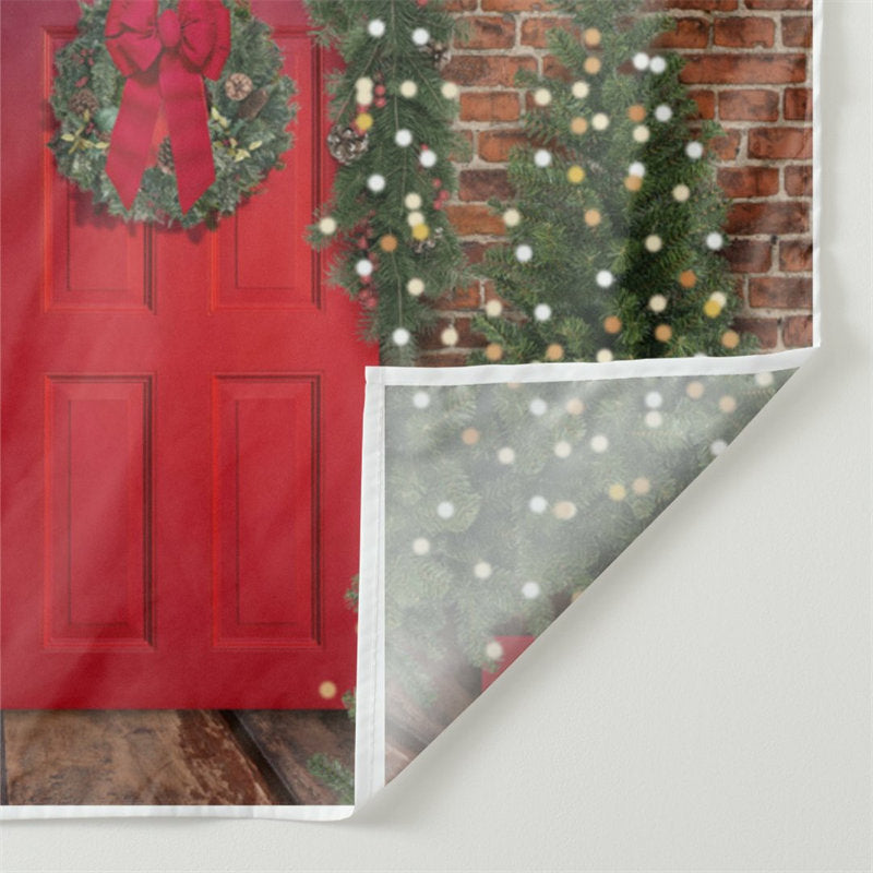 Aperturee - Red Door Tree Wreath Brick Wall Christmas Backdrop
