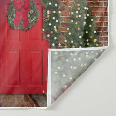 Aperturee - Red Door Tree Wreath Brick Wall Christmas Backdrop