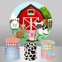 Aperturee Red Farm Cute Animals Round Kid Birthday Party Backdrop