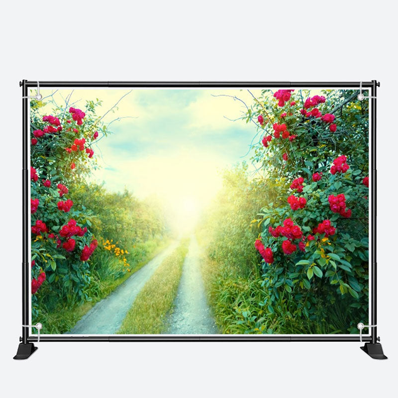 Aperturee - Red Flowers Green Grass Field Path Spring Backdrop