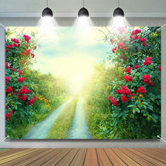 Aperturee - Red Flowers Green Grass Field Path Spring Backdrop