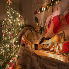 Aperturee - Red Gift Stock Tree Fireplace Christmas Backdrop