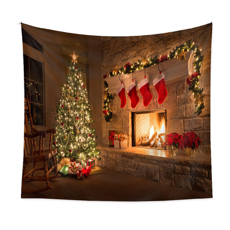 Aperturee - Red Gift Stock Tree Fireplace Christmas Backdrop